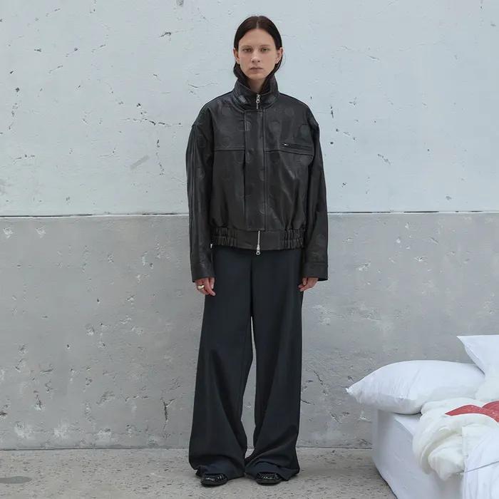 Lamb Vegetable Leather Dot Bomber Jacket (Black)