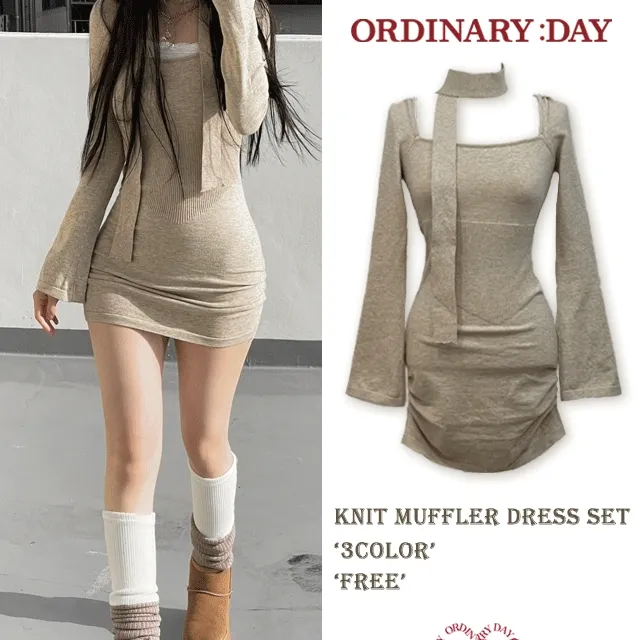 set 라피엘 니트 머플러 셔링 미니원피스 세트 3color