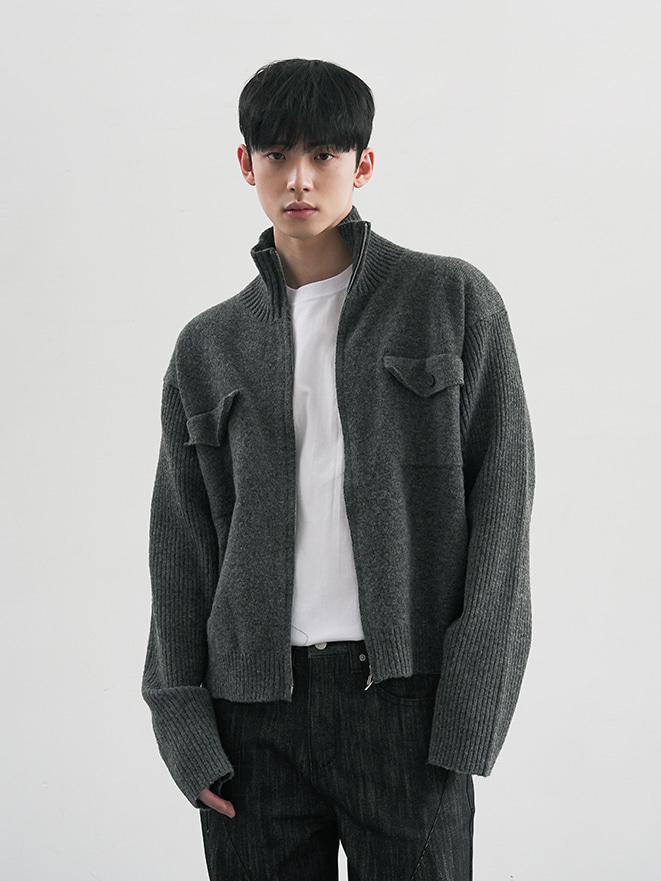 하이넥 포켓 투웨이 니트집업 2color