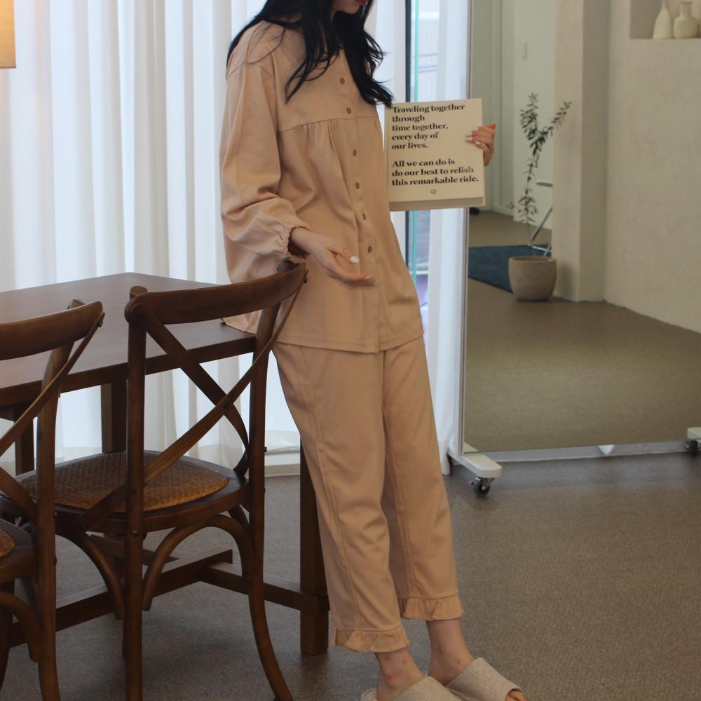 부드러운 100% 순면 친환경 천연염색 고급 프릴 파자마 세트 홈웨어 국내자체제작