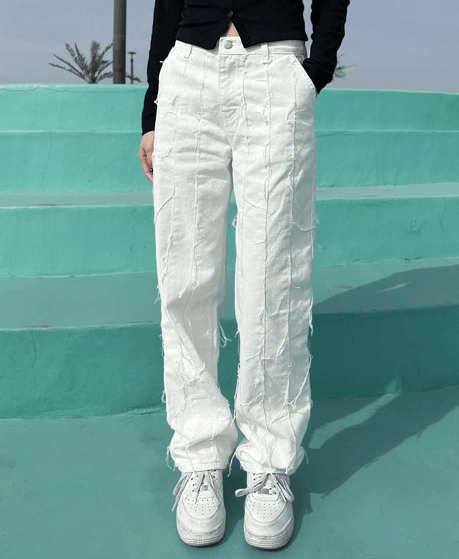 [UNISEX] 화이트 데끼 컷팅 롱 와이드팬츠
