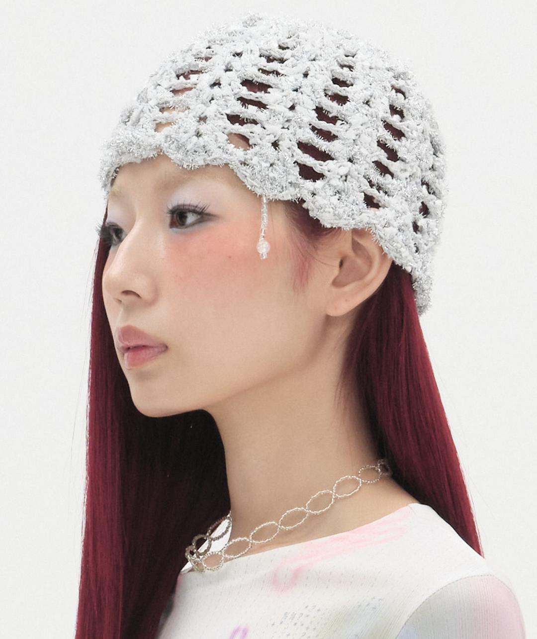 Shimmery Beaded Strap Beanie [Silver]