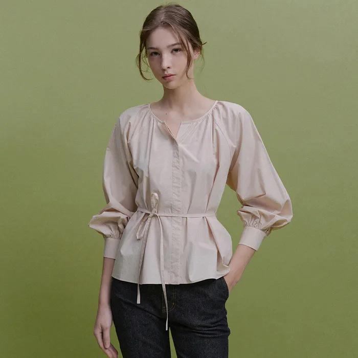 [2차] Senna Shirring Cotton Blouse (Pink Beige)