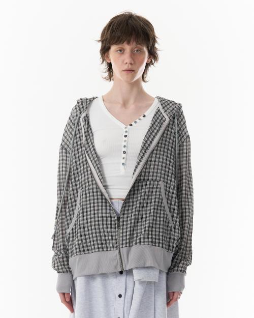 체크 시스루 집업_베이지