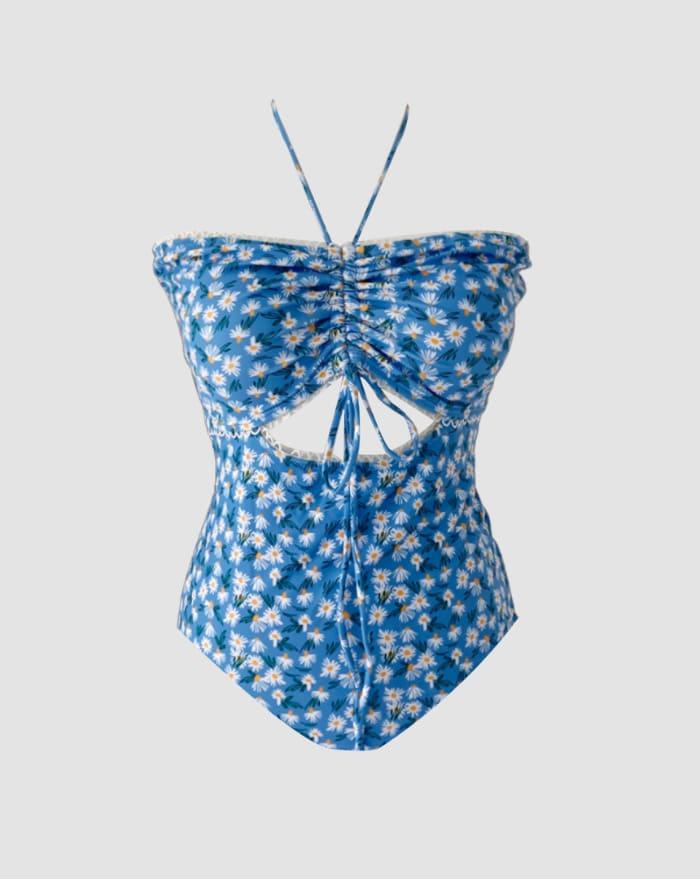 데이지 플라워 셔링 스트랩 홀터넥 비키니 모노키니 수영복
