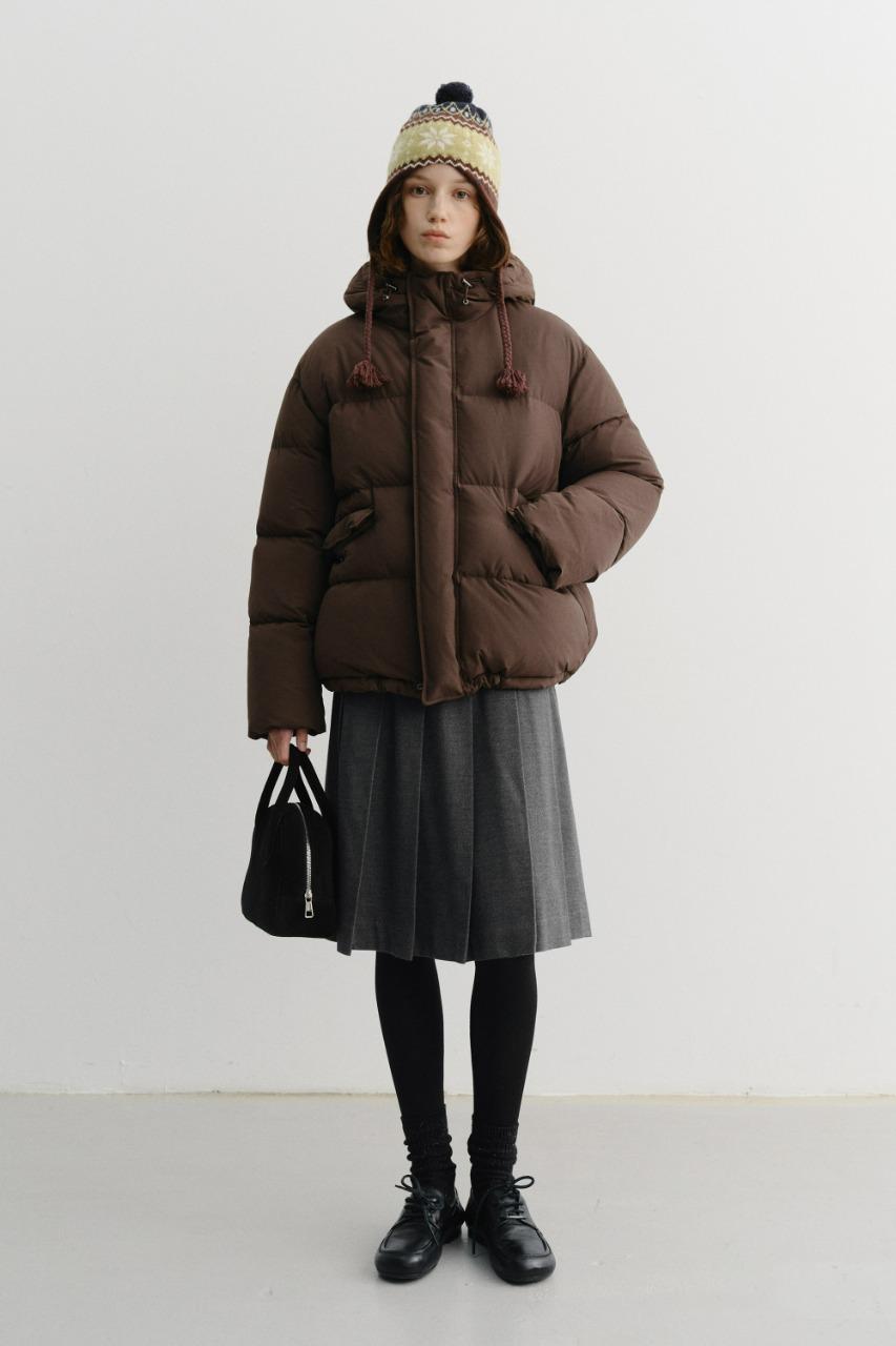 UNISEX HOODED VOLUME GOOSE DOWN JACKET BROWN