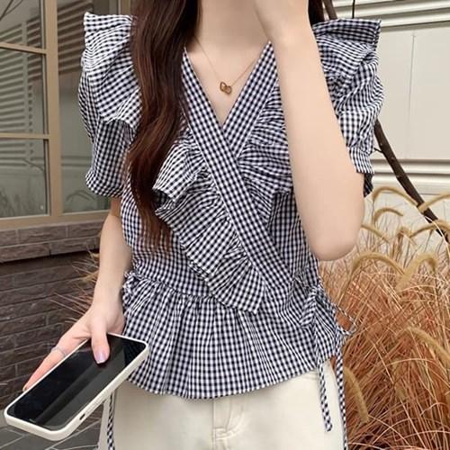 여성 데일리 여름 체크 프릴 블라우스