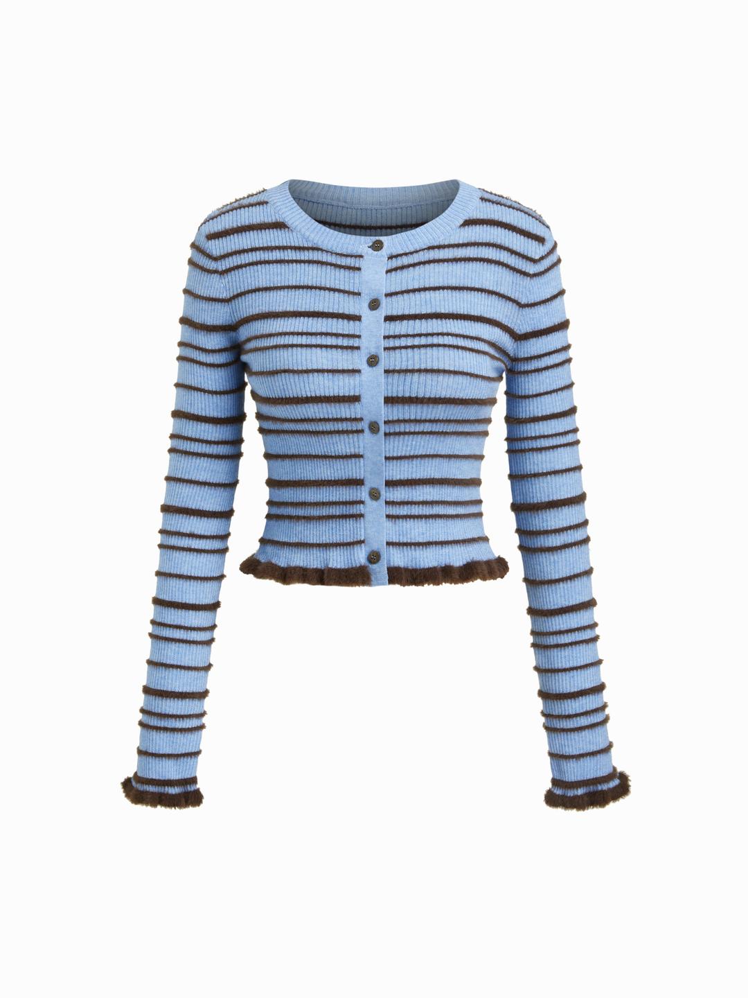 Knit Wool-blend Striped Round Neckline Long Sleeve Lettuce Trim Cardigan