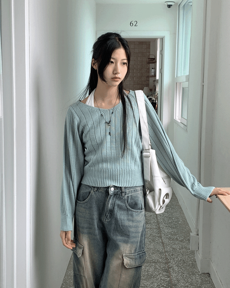 하이니 골지 브이넥 세미 크롭 긴팔 니트