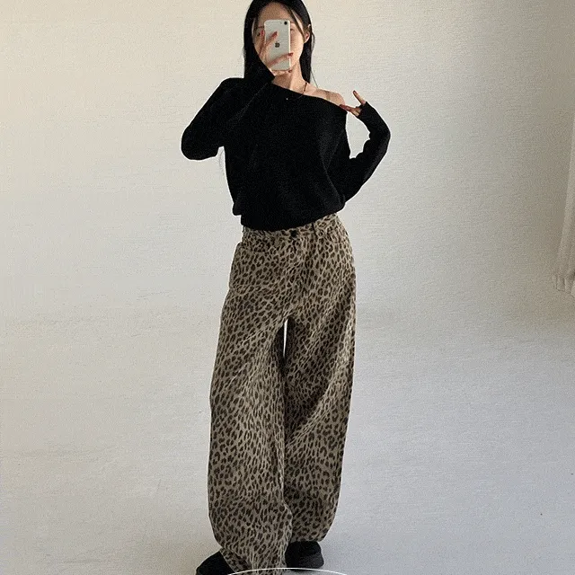 [포인트룩🖤]호피 와이드 팬츠| 긴바지 요즘 유행! 애니멀 포켓 체형커버 코디추천