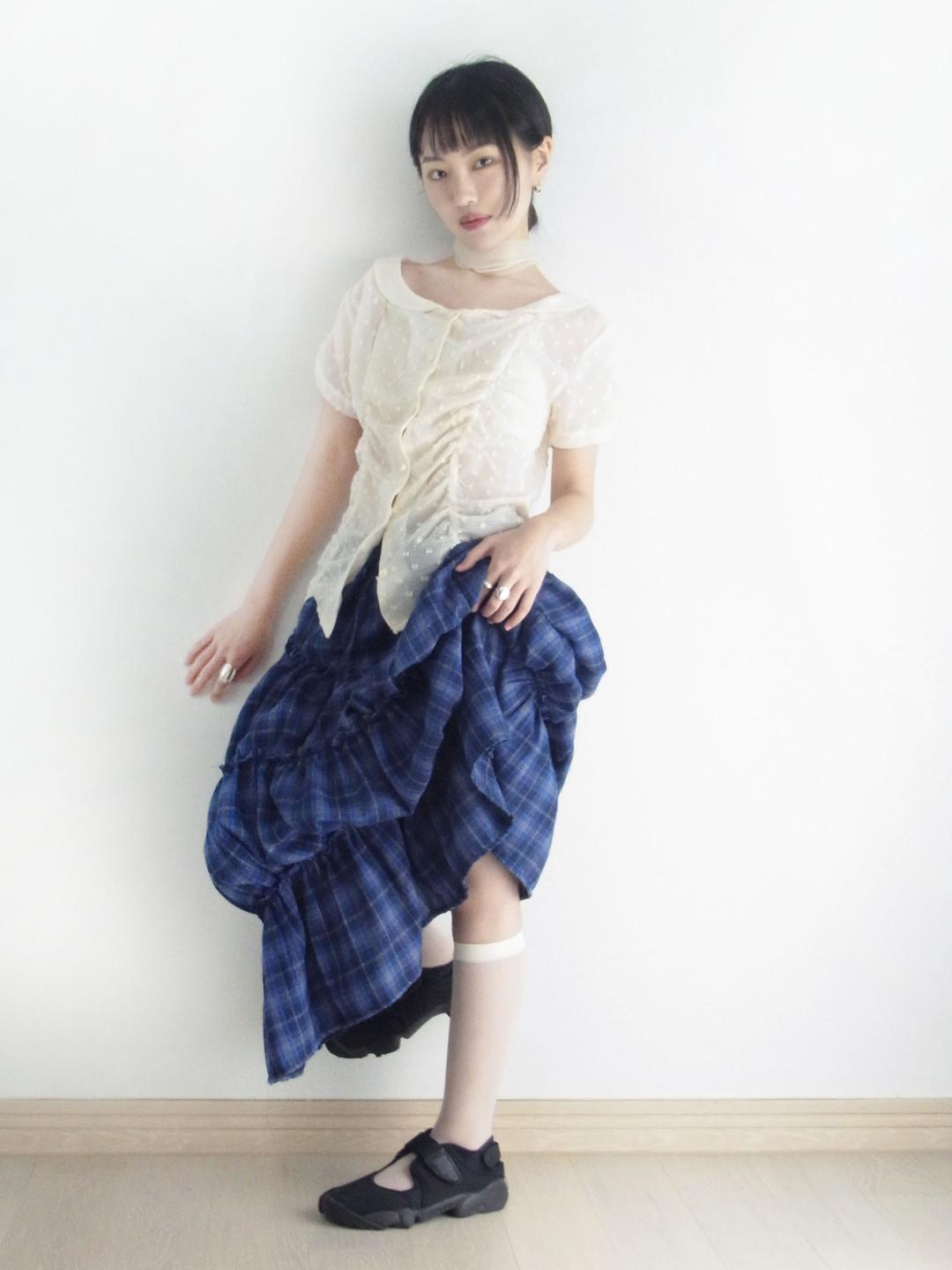 빈티지블루 체크 셔링 롱스커트