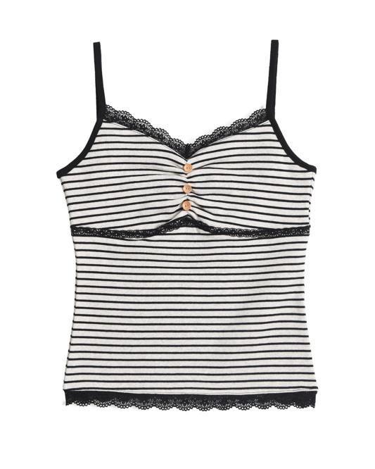 [HETIT] Button Stripe Lace Tank Top (Black)