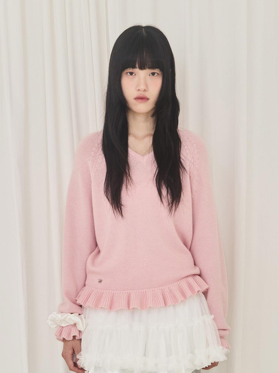 V-Neck Frill Knit (Light Pink)