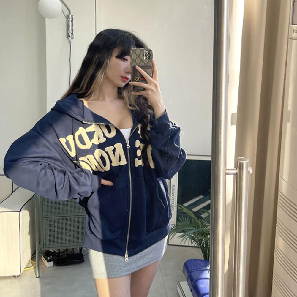 데일리 캐쥬얼 하이틴 레터링 오버핏 박스 후드 집업