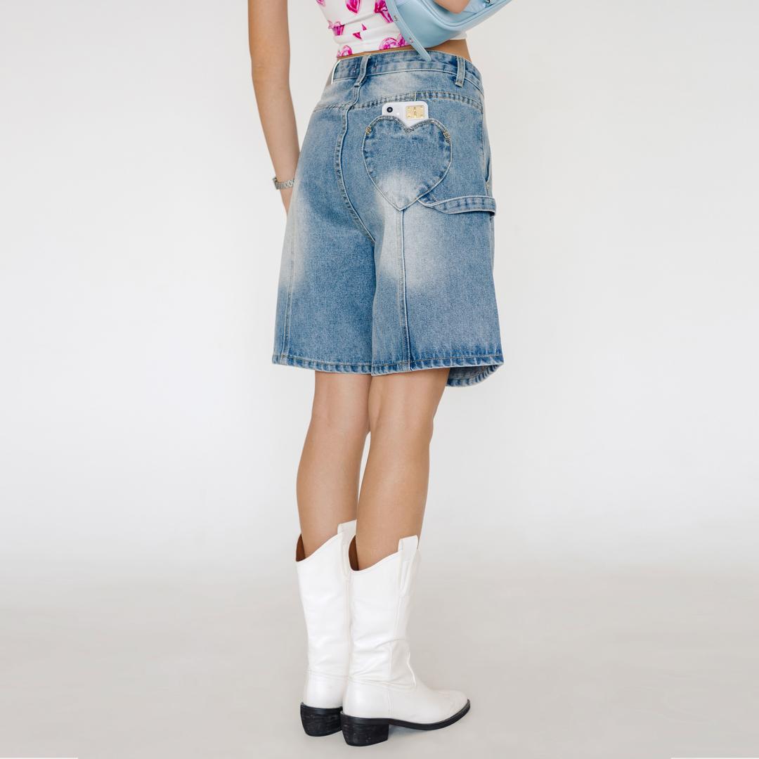 Heart Denim Bermuda Pants-Light blue