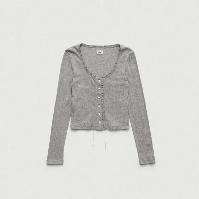 Ravioli Lace-Trim Button-Up Top_Grey