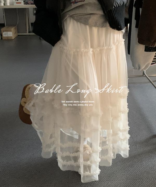 만다린트리 [자체제작]당일출고🚚[안감기모🔥/고급스러운/풍성한핏💖] 베이블 레이스 시스루 캉캉 샤 롱스커트 2 color 레이어드룩