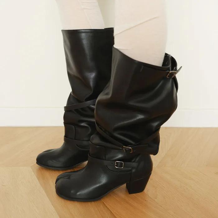 [2nd] Wide Buckle Tabi Long Boots / Black