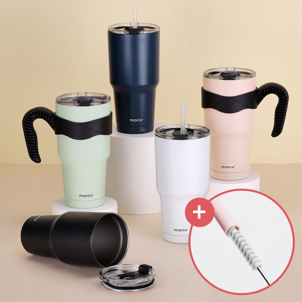 무디타 이중 진공 대용량 스텐 텀블러 600ml/900ml 보온병 5color (손잡이+뚜껑+빨대 포함 세트) + 빨대청소솔 증정