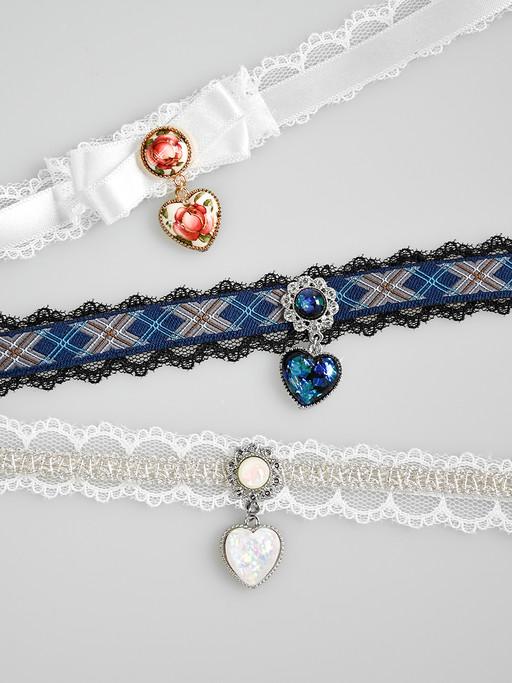 169 앤틱 자개 하트 펜던트 레이스 리본 초커 목걸이