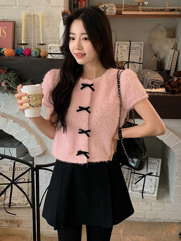 쇼퍼랜드 [MADE][자체제작][연말룩][하객룩][벨벳][셋트][국내 생산]럽 벨벳 리본 반팔 가디건 +벨벳 리본 탈부착가능(3color)