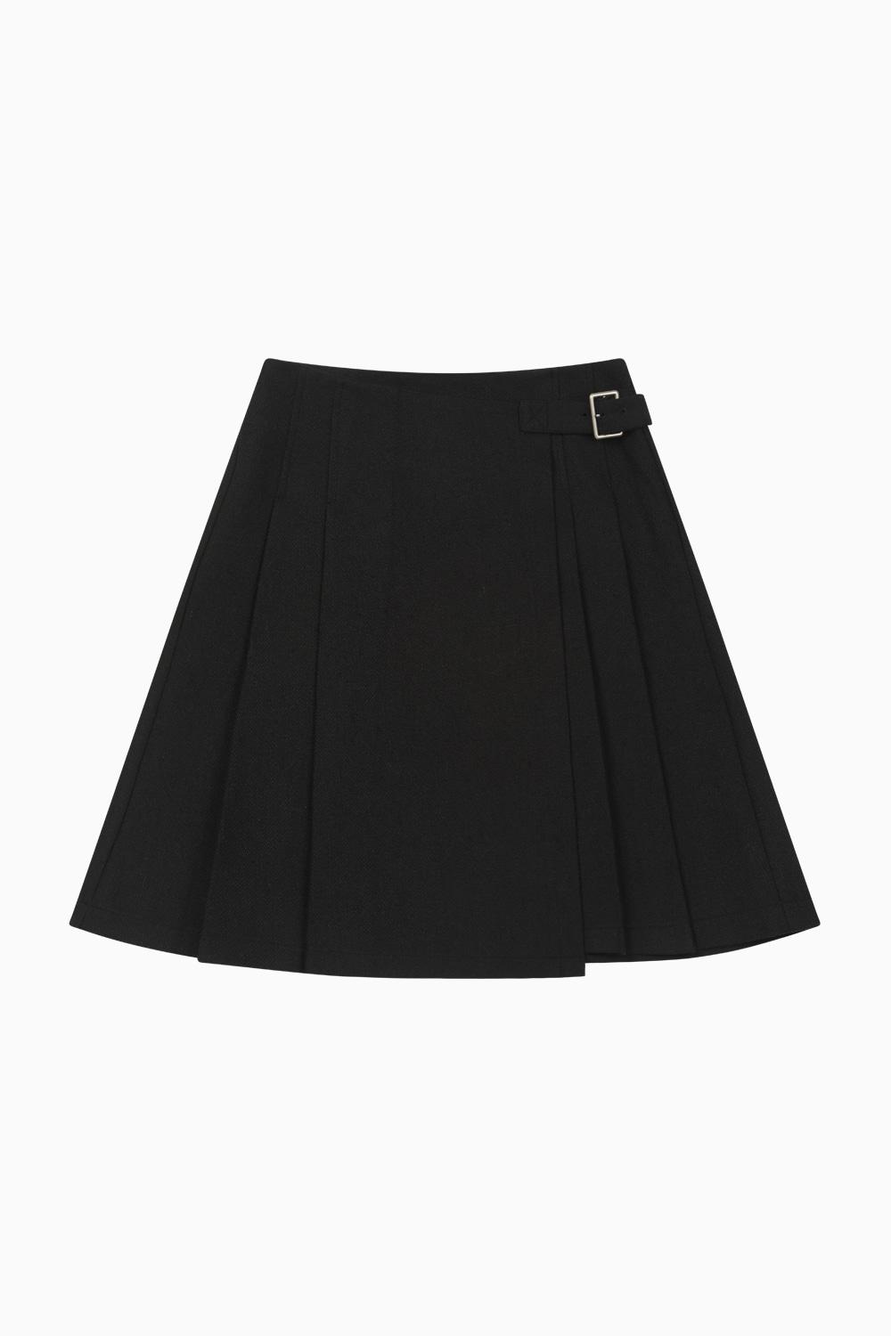 WOOL PLEATED WRAP SKIRT, BLACK
