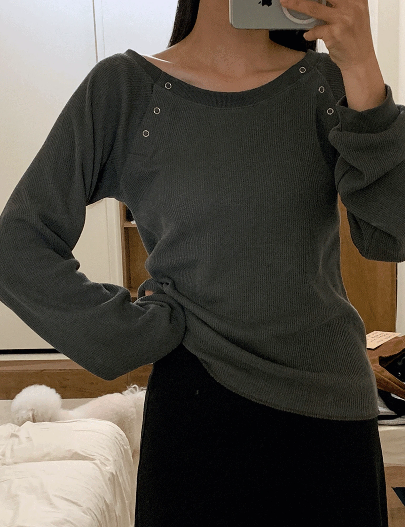 피그 와플 스냅 보트넥 오프숄더 티셔츠 (2color)