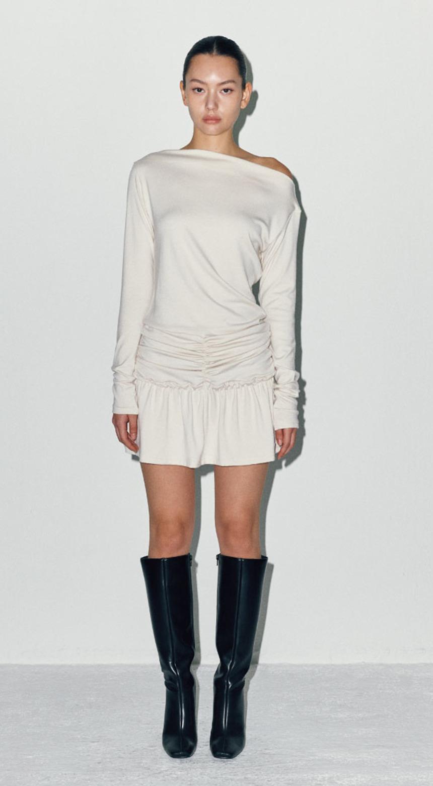 JERSEY FRILL DRESS CREAM