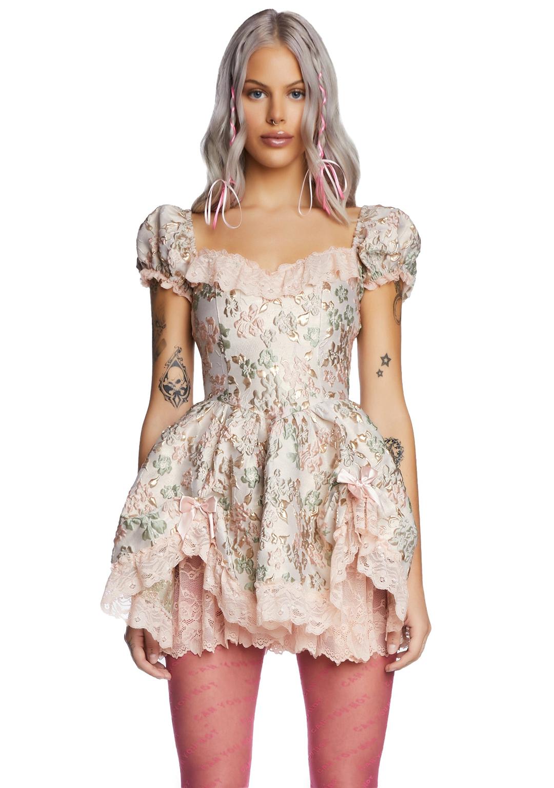 Tea And Circumstance Brocade Mini Dress - Pink - PINK / XX-Small