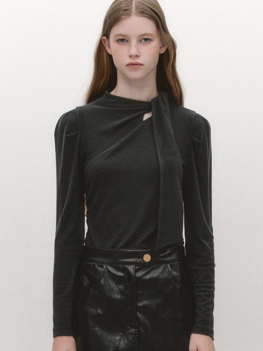 Twisted Scarf Tie T-blouse DARK GREY