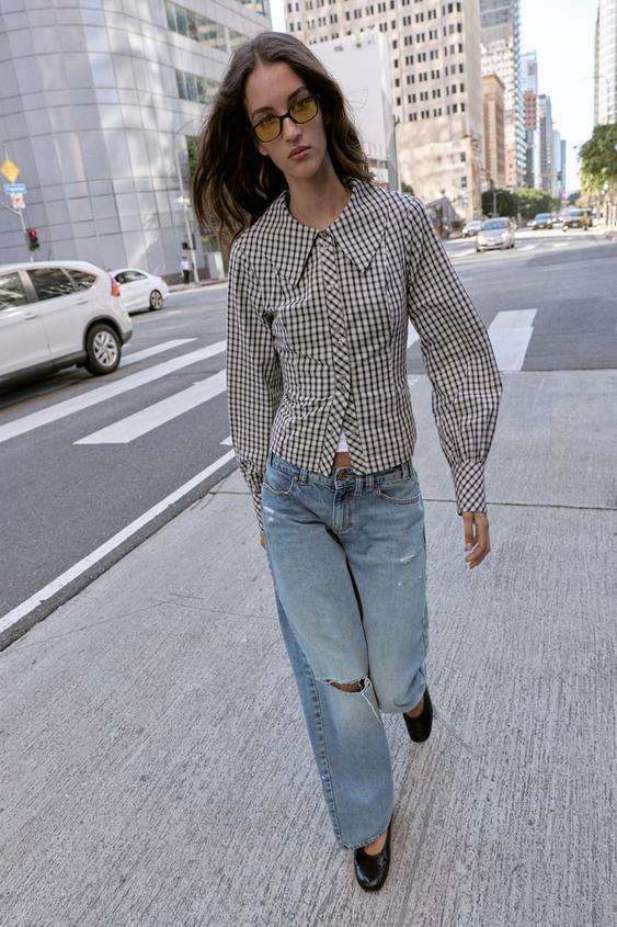 체크 피터팬 칼라 셔츠