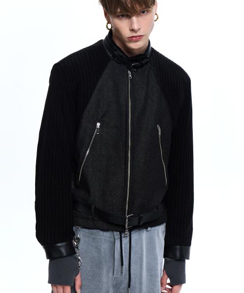 KNIT & DENIM BELTED BIKER JACKET - BLACK