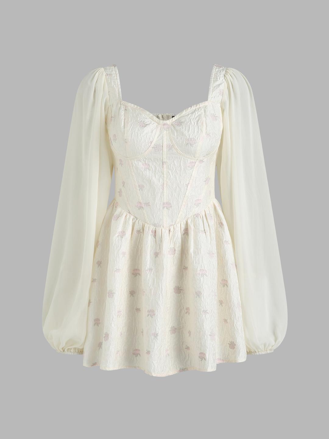 Floral Puff Sleeve Mini Dress - Beige / XS