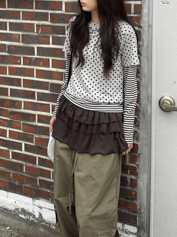 신시 도트 스트라이프 레이어드 티