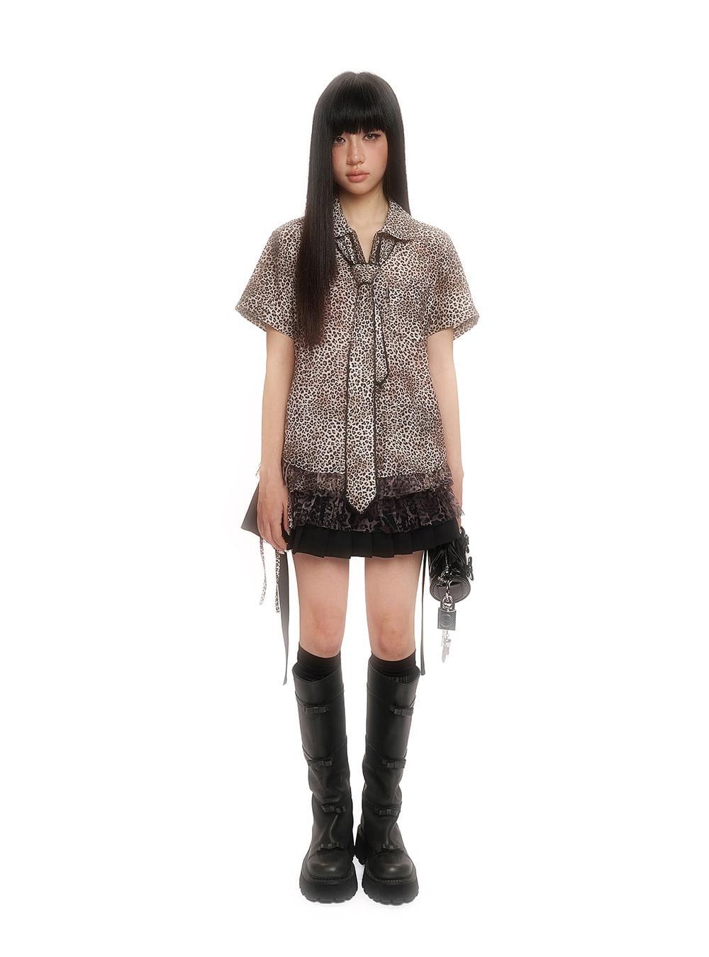 Leopard Sheer Shirt & Layered Frill Skirt Set