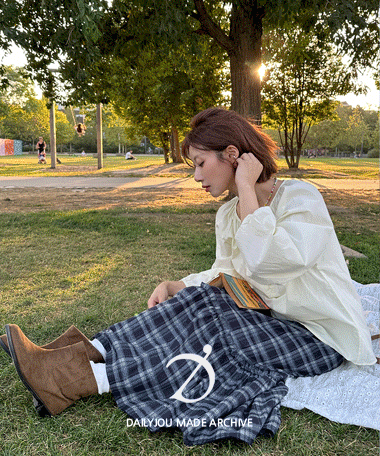 데일리쥬 [MADE] 멜리아 체크 캉캉 플레어 롱 스커트