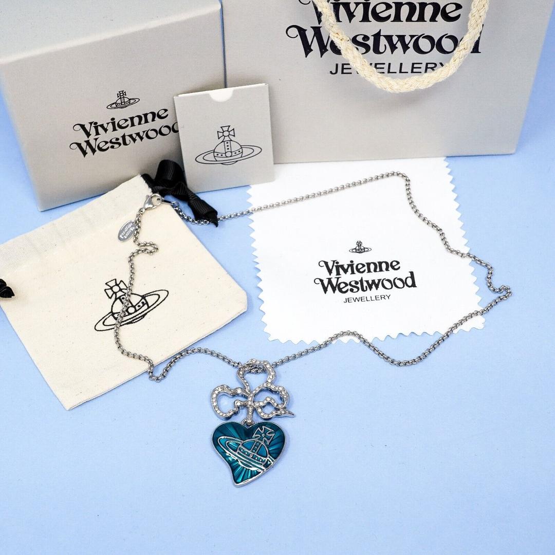 Vivienne Westwood Necklace Silver & Blue Heart Orb Pendant With Bow Gift Box Set