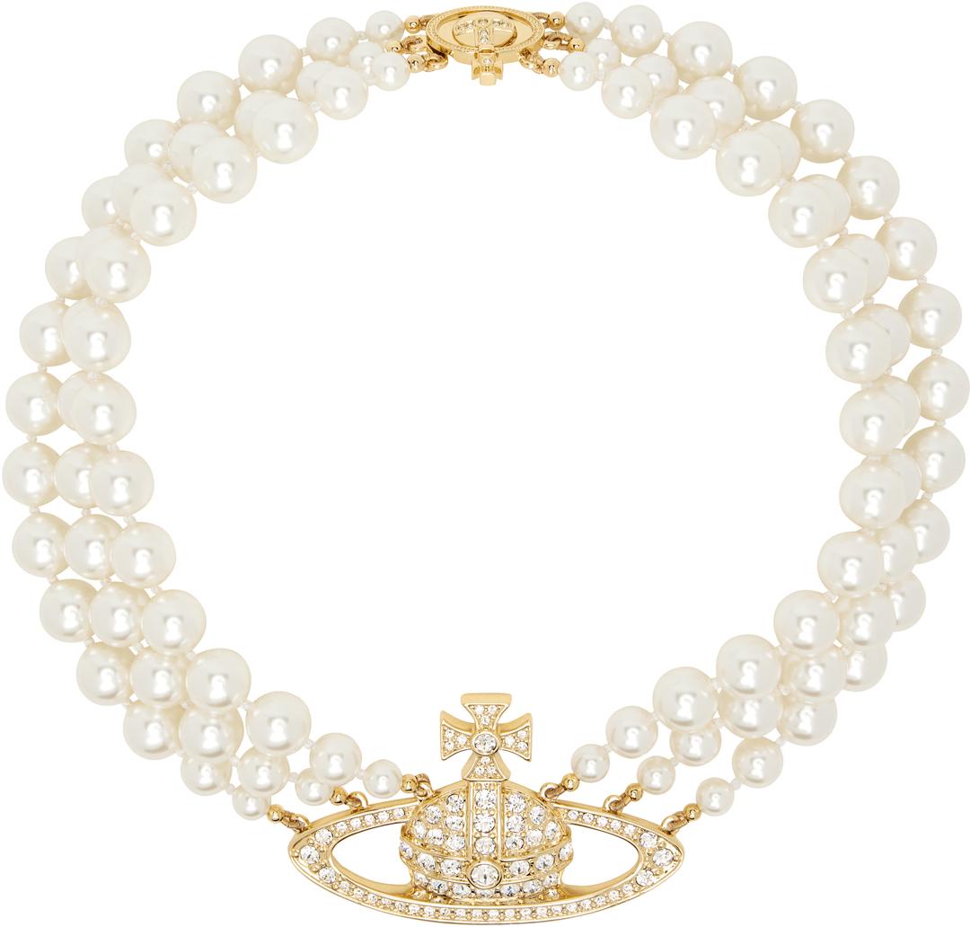 Three Row Pearl Bas Relief Necklace