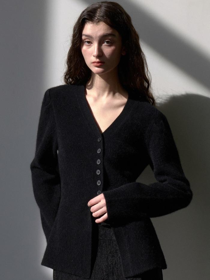 숏 헤어 울 라쿤 롱 벌룬 가디건 블랙 OU1572