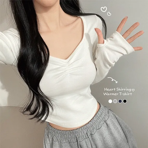 [여리하트넥🩶핸드워머] 쫀쫀 셔링 하트넥 핸드워머 밑단 굴림 크롭 데일리 이너 긴팔 티셔츠(4color)