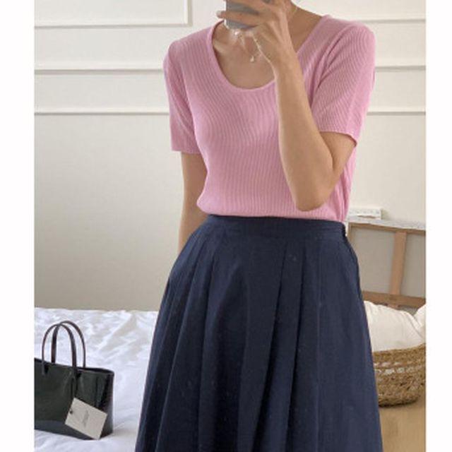 [~70% 할인쿠폰] 여성 여름신상 U넥 린넨혼방 시스루 여리여리핏 베이직 기본 컬러 골지 니트티 5color_오버무드