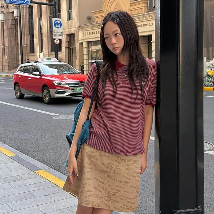 스탬프 코튼 미니 스커트 (Beige)