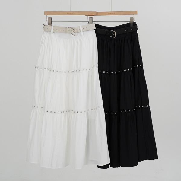 [44-66반/2컬러] 아일렛 포인트 벨트세트 롱스커트 캉캉스커트 롱치마 치마 벨트스커트 페미닌룩 나일론