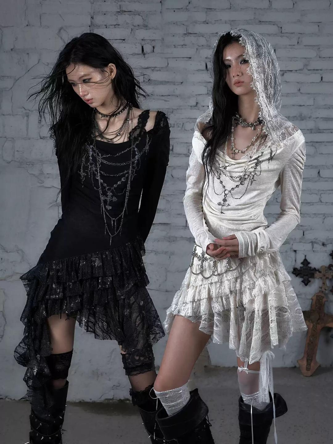 (Pre-Order 10% Sale) NO ROMANCE Lace knit bottom long sleeve hooded dress