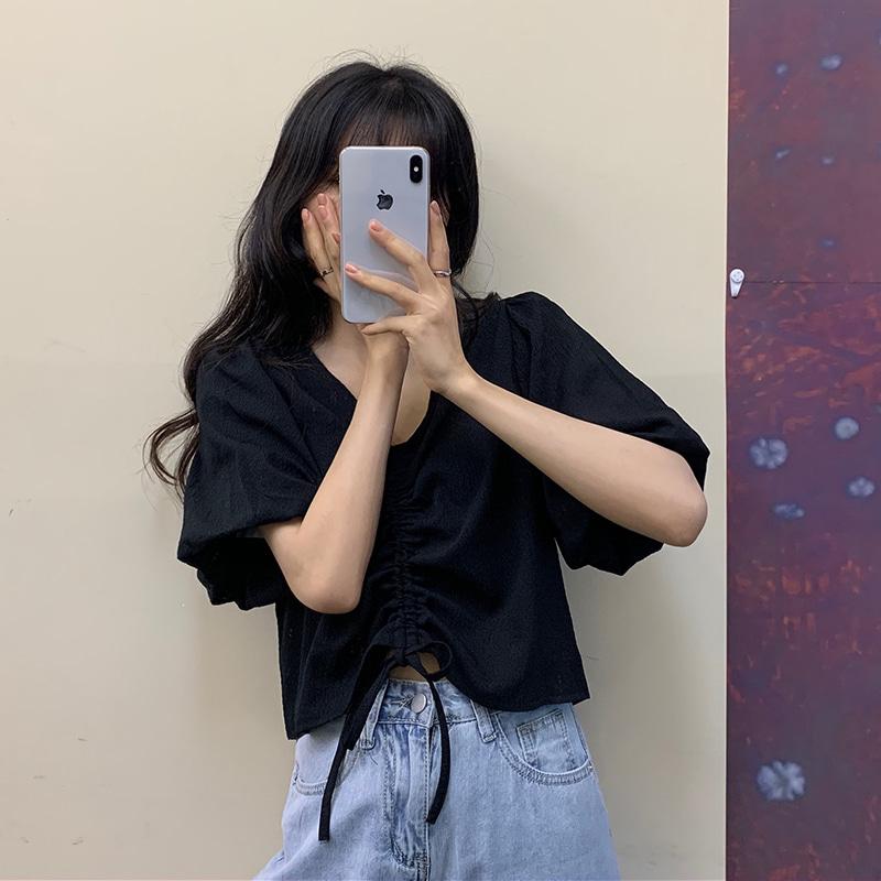 봉주 크롭 셔링 여름 v넥 가벼운 블라우스 셔츠 4color