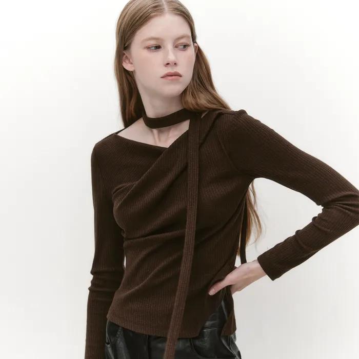 Unbalance Draped Wrap T-blouse BROWN