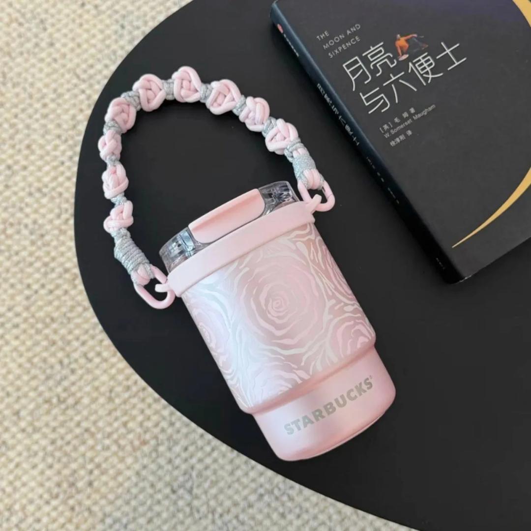 스타벅스 중국 2026 벚꽃MD 핑크로즈 시리즈 편직 스트랩 핑크 스텐 텀블러 435ml