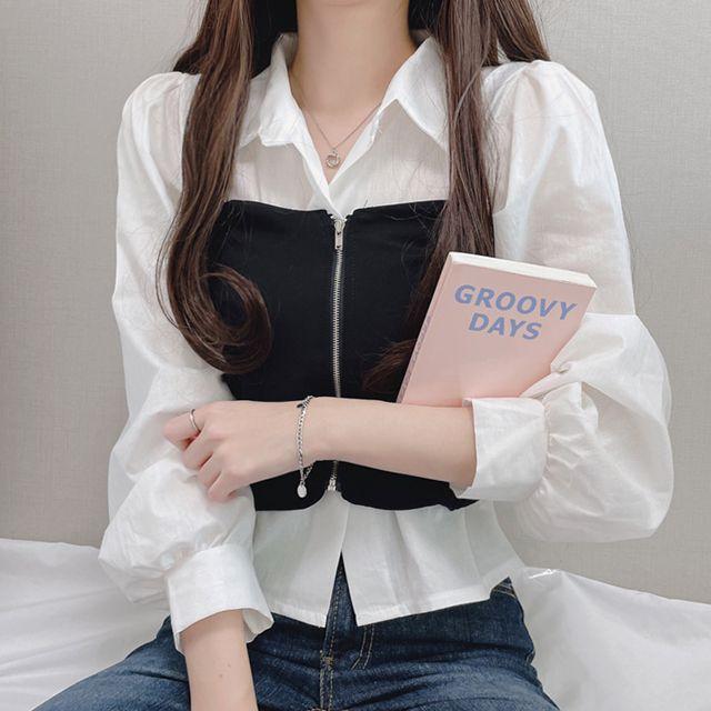 집업 크롭 탑 뷔스티에 셔츠 세트_수니