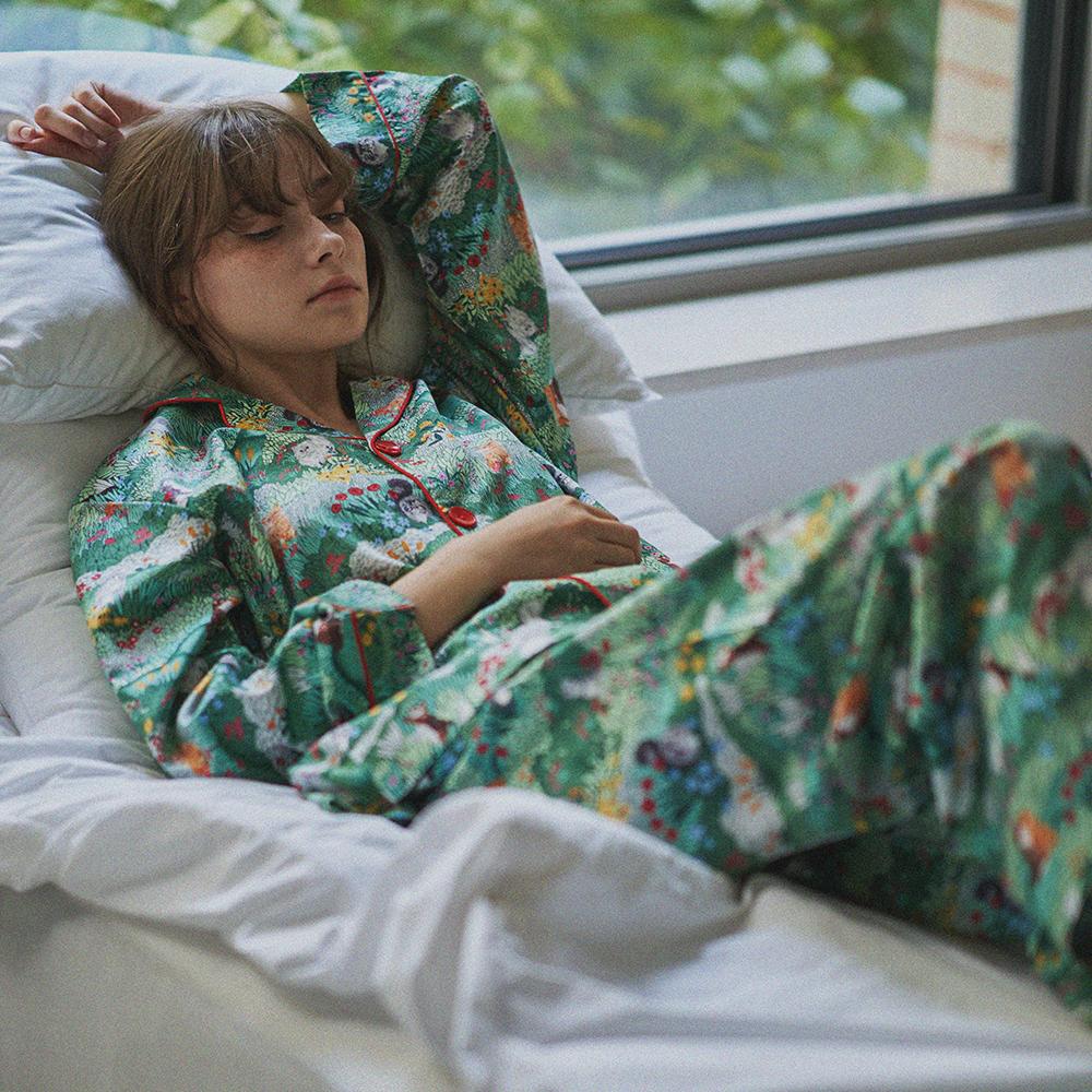 텐셀 모달 캣츠인더가든 패턴 긴팔 세트 여성 잠옷