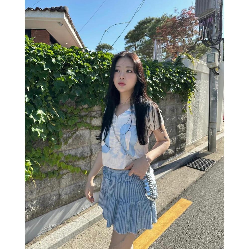 RIBBON 리본 럭비티 새틴 V넥 지퍼 크롭 반팔 t (3colors)